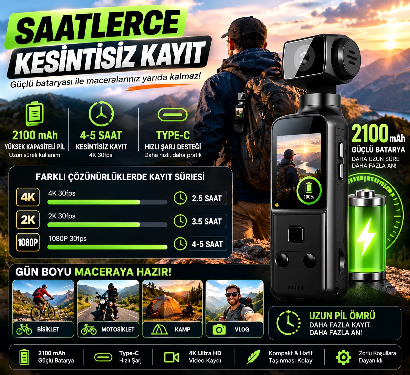 4K Ultra HD Mini Aksiyon Kamerası | Wi-Fi , 270° Döner Lens