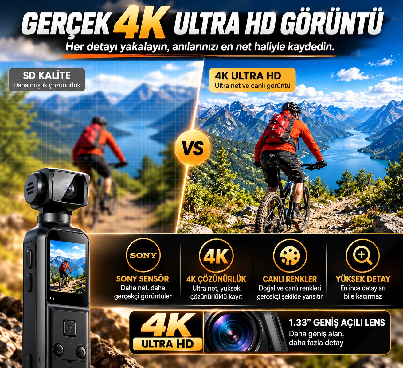 4K Ultra HD Mini Aksiyon Kamerası | Wi-Fi , 270° Döner Lens
