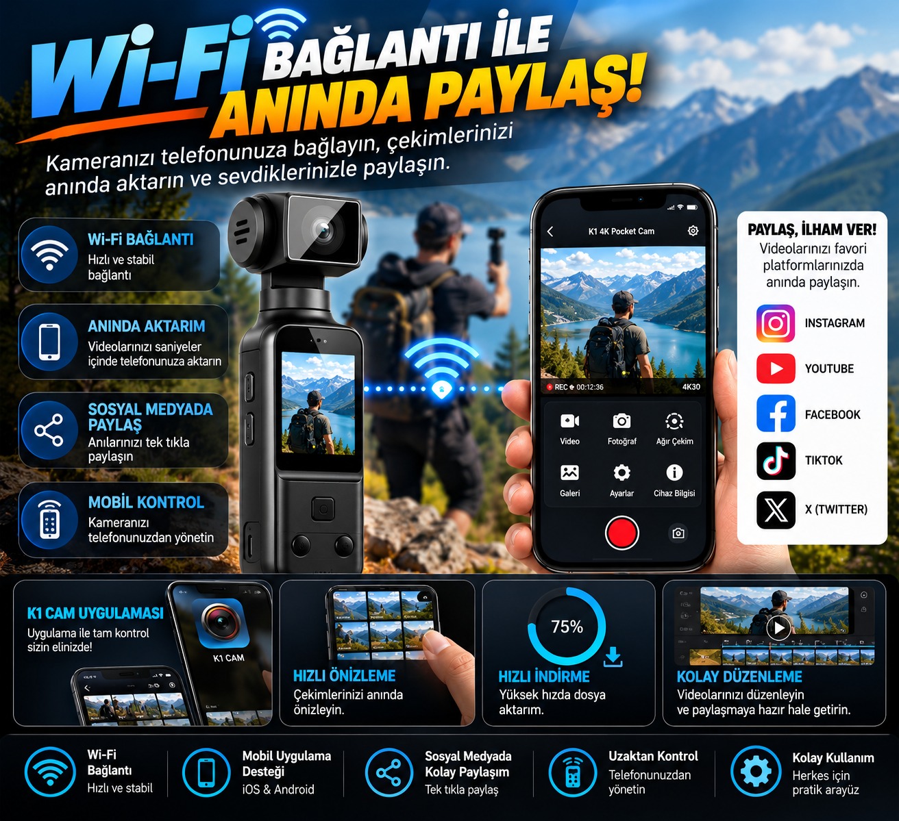 4K Ultra HD Mini Aksiyon Kamerası | Wi-Fi , 270° Döner Lens