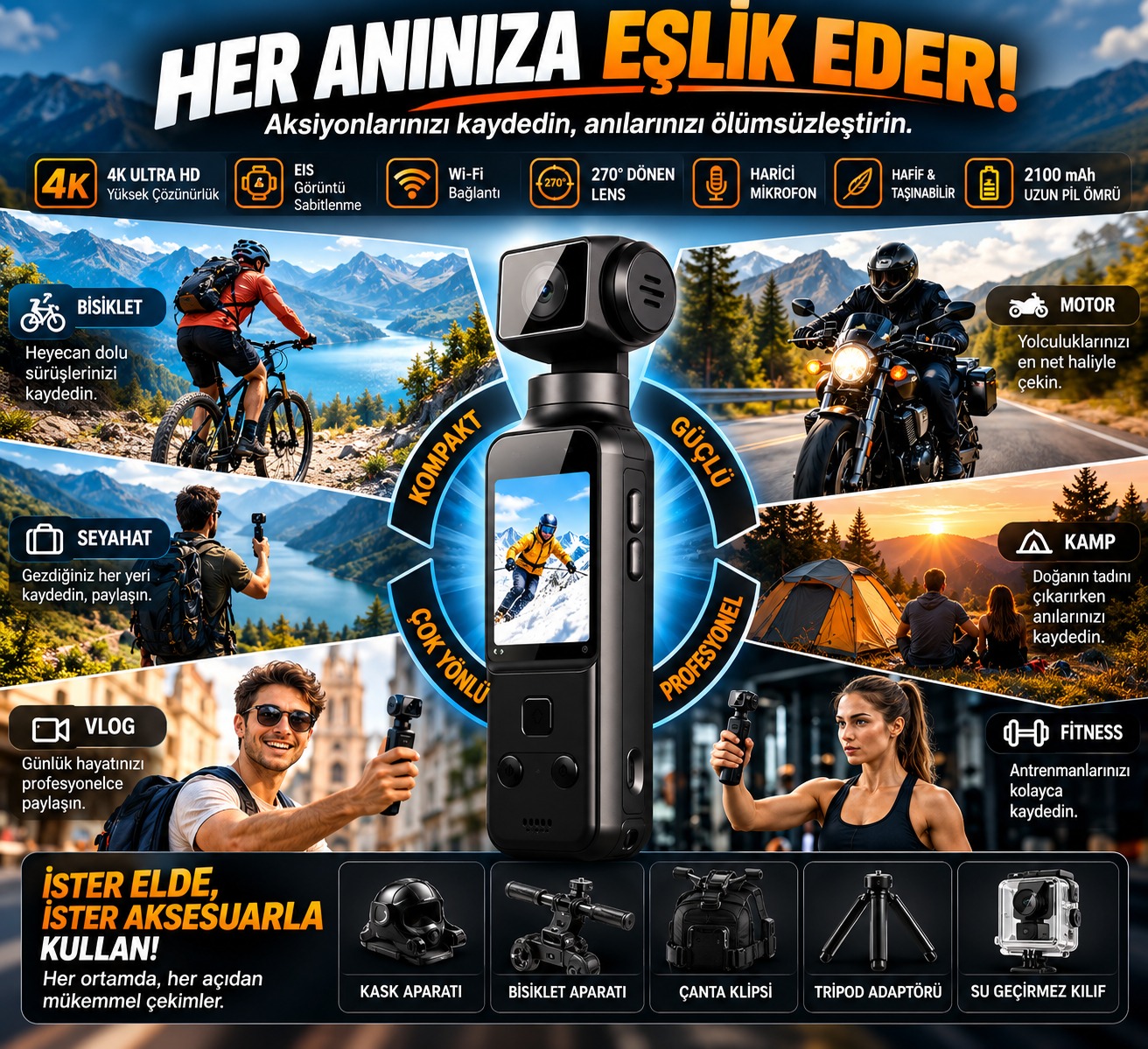 4K Ultra HD Mini Aksiyon Kamerası | Wi-Fi , 270° Döner Lens