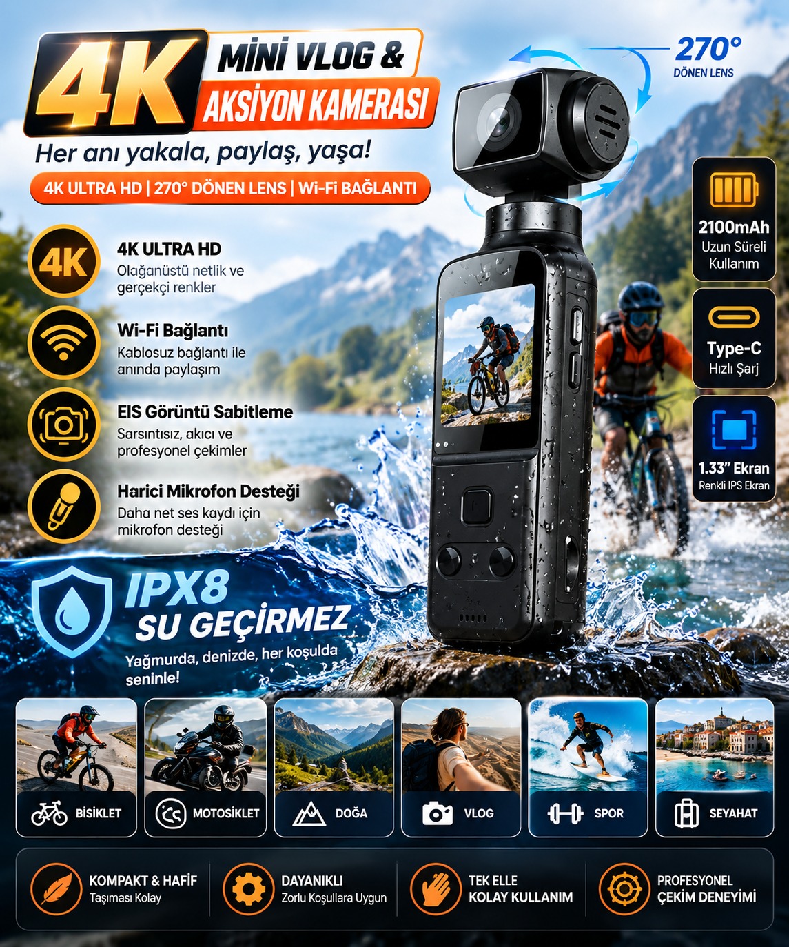 4K Ultra HD Mini Aksiyon Kamerası | Wi-Fi , 270° Döner Lens