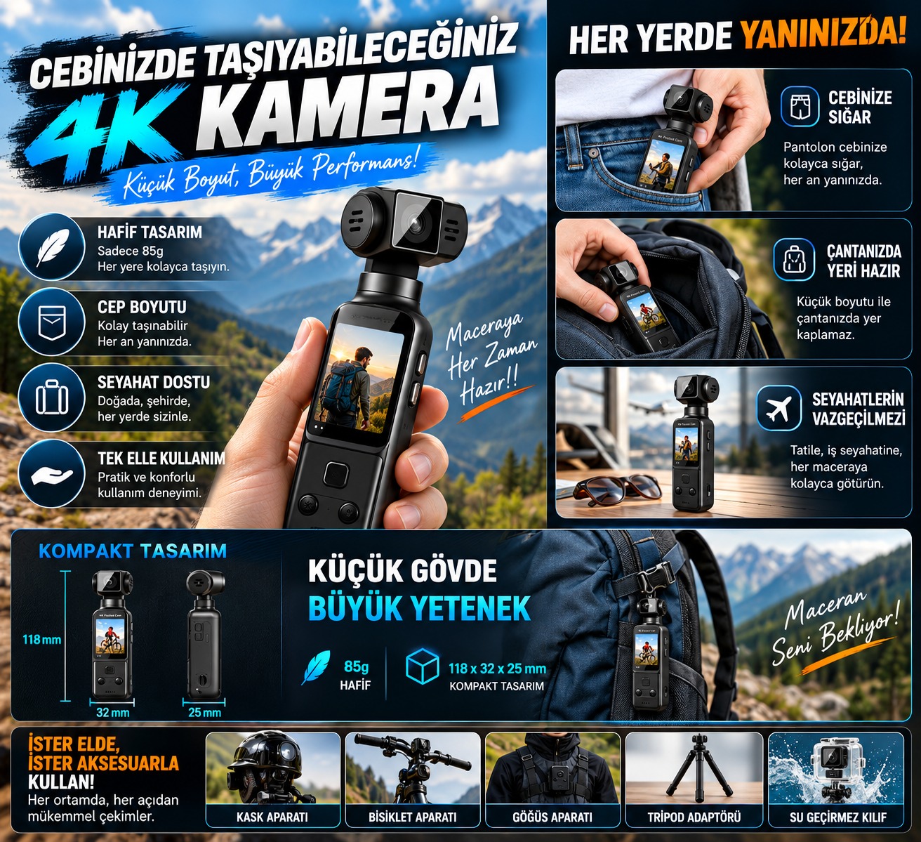 4K Ultra HD Mini Aksiyon Kamerası | Wi-Fi , 270° Döner Lens