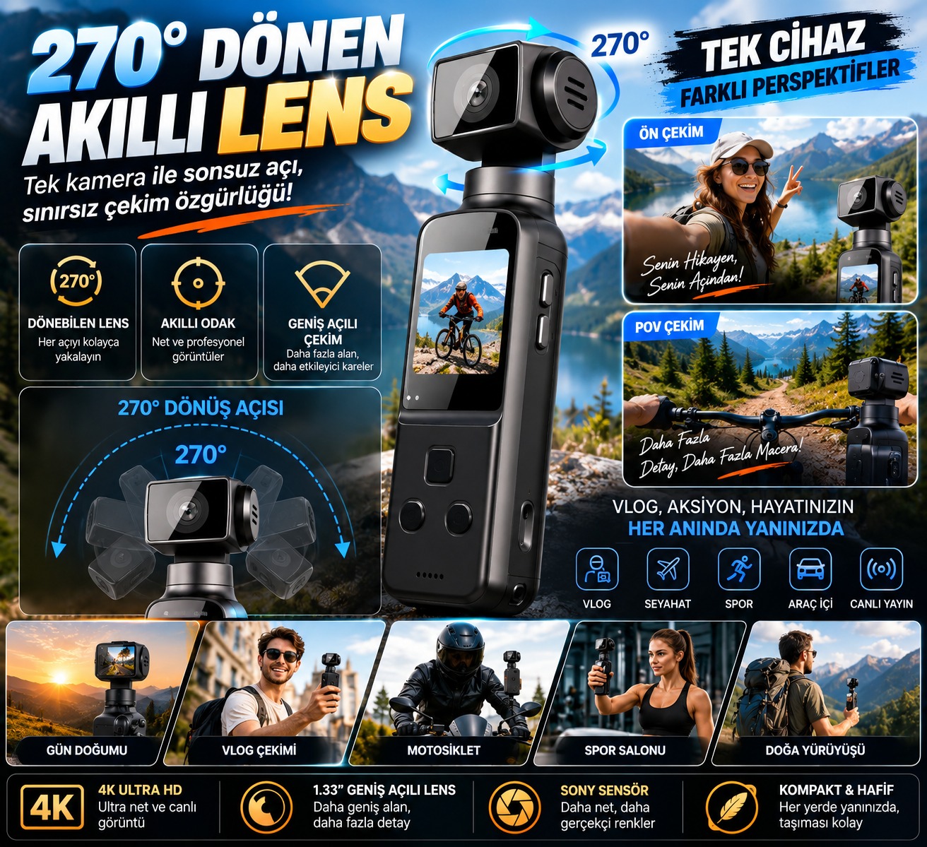 4K Ultra HD Mini Aksiyon Kamerası | Wi-Fi , 270° Döner Lens