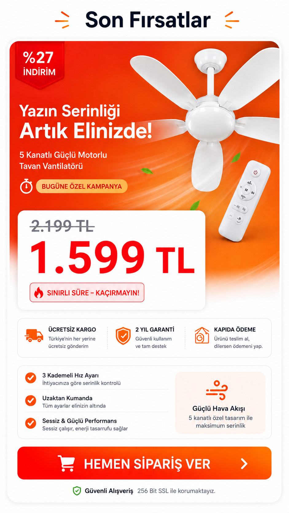1 ADET TAVAN VANTİLATÖRÜ